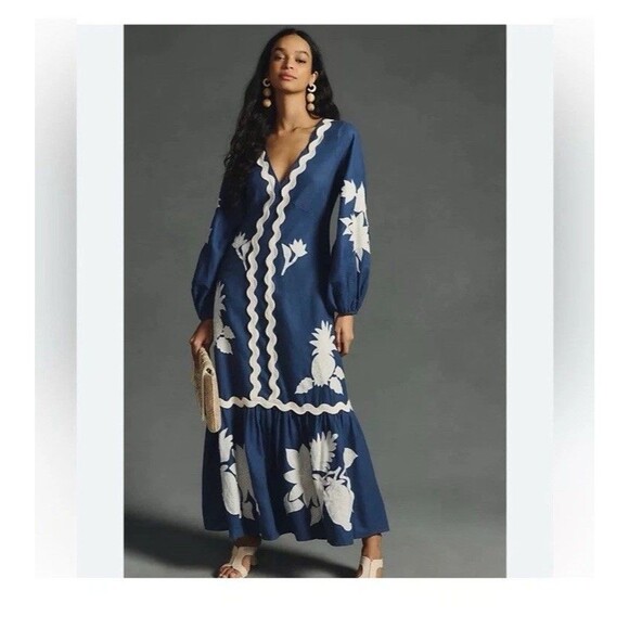 Farm Rio Anthropologie Blue Linen Embroidered Dress Size XL Petite - Picture 1 of 4